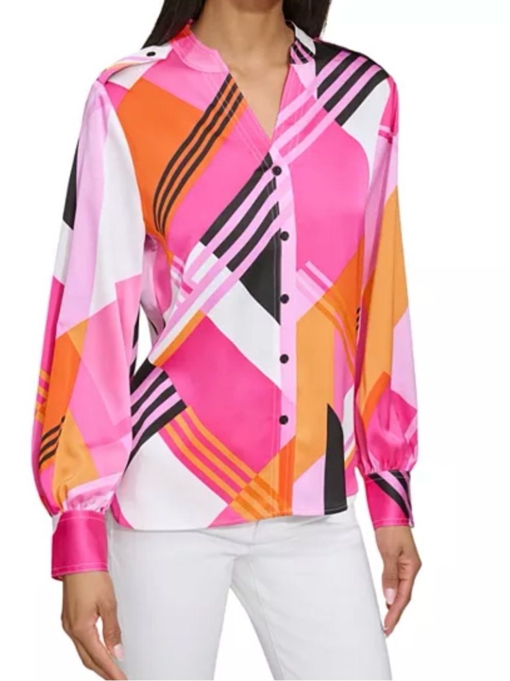 Karl Lagerfeld Paris Geometric Print Blouse Pink Orange Button Front LG